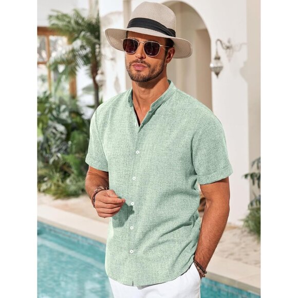 💫 Men Green Casual Button Down Shirts Short Sleeve Banded Collar Hippie Tops - Picture 3 of 5